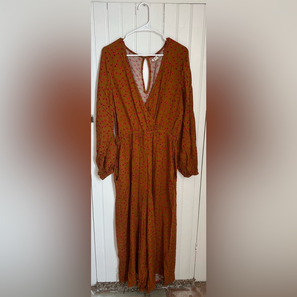 Billabong Jumpsuit, Brown with Red Flowers, Full Length, V-Neck